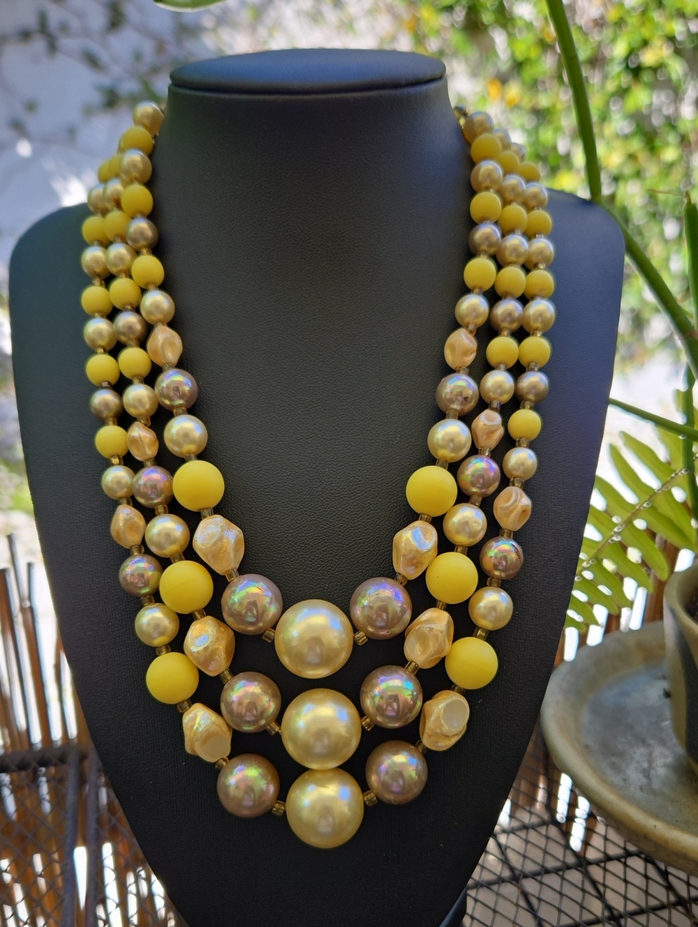 JAPAN Yellow Multi-Strand Faux Pearl Statement Necklace -